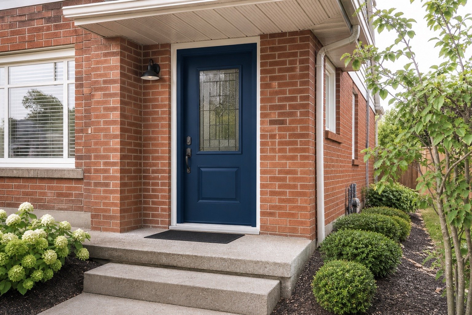 Blue entry door on an attainable Hamilton brick home
