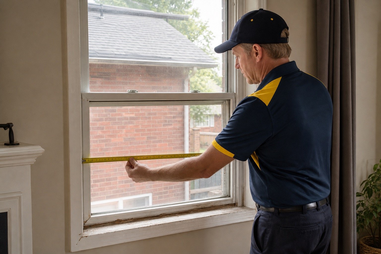 Windows Hamilton technician measuring a residential window opening
