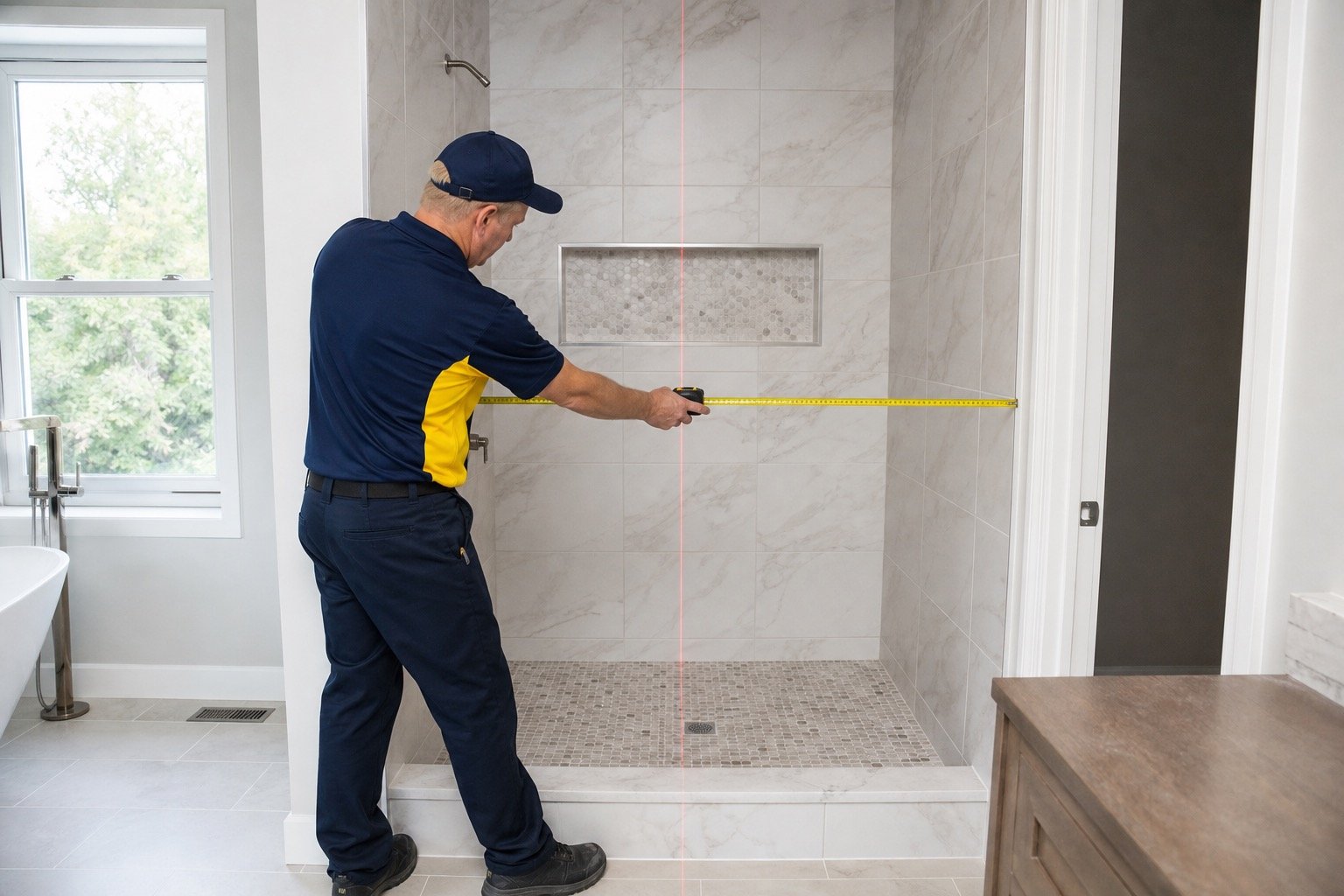 Windows Hamilton technician measuring a tiled shower opening