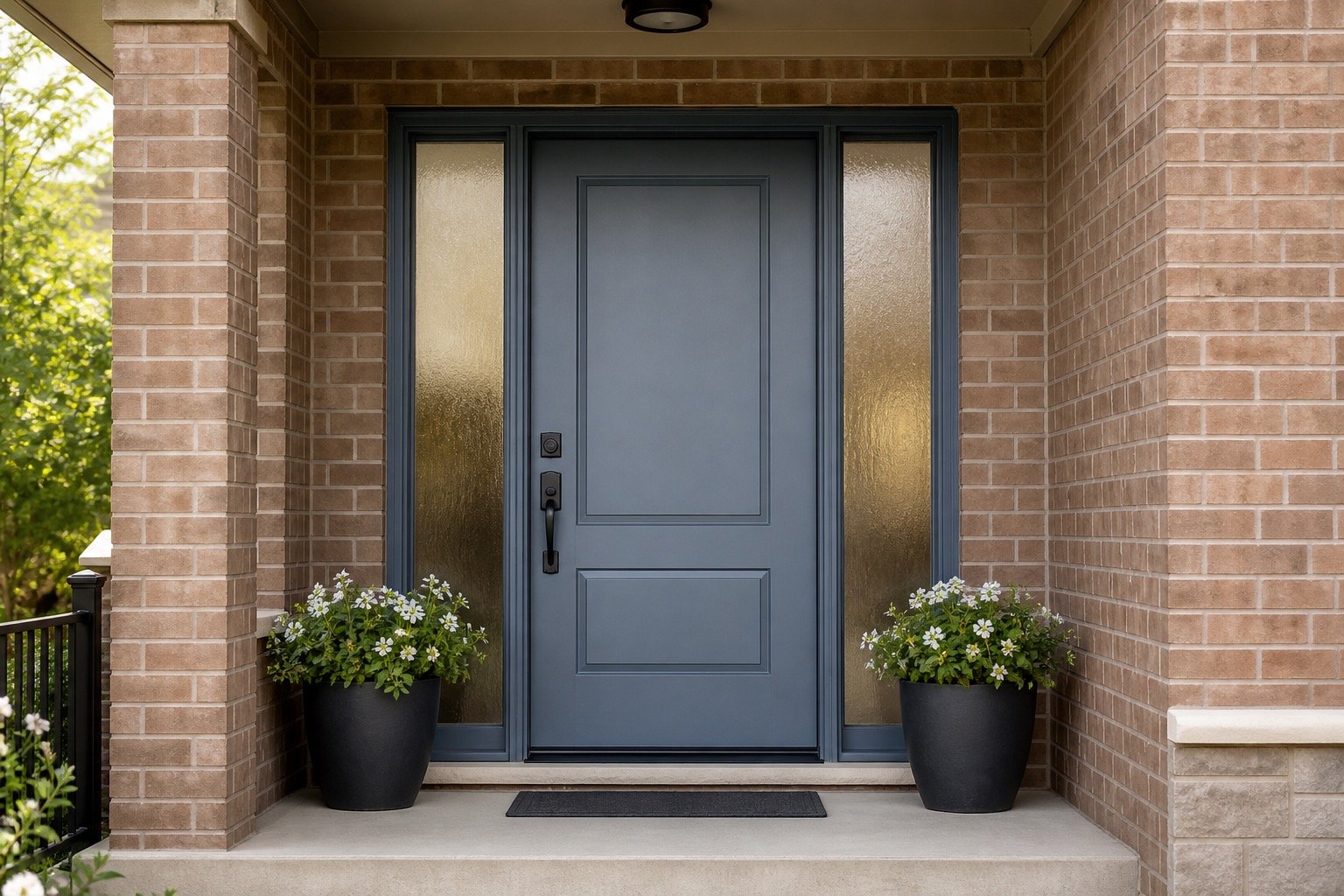 Residential entry door with balanced glass sidelights