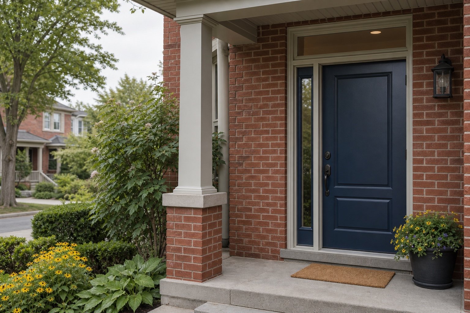 Blue entry door on a Hamilton-area brick home