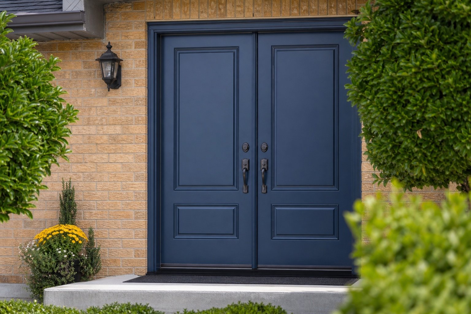 Matched navy double entry doors on a Hamilton home