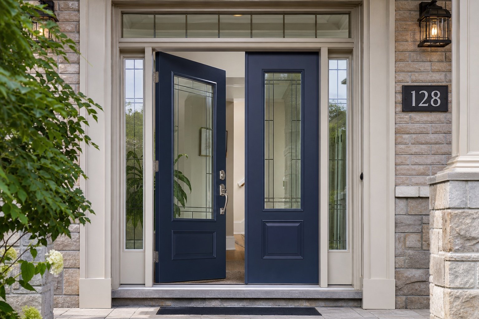 Wide entrance with the everyday active door leaf open