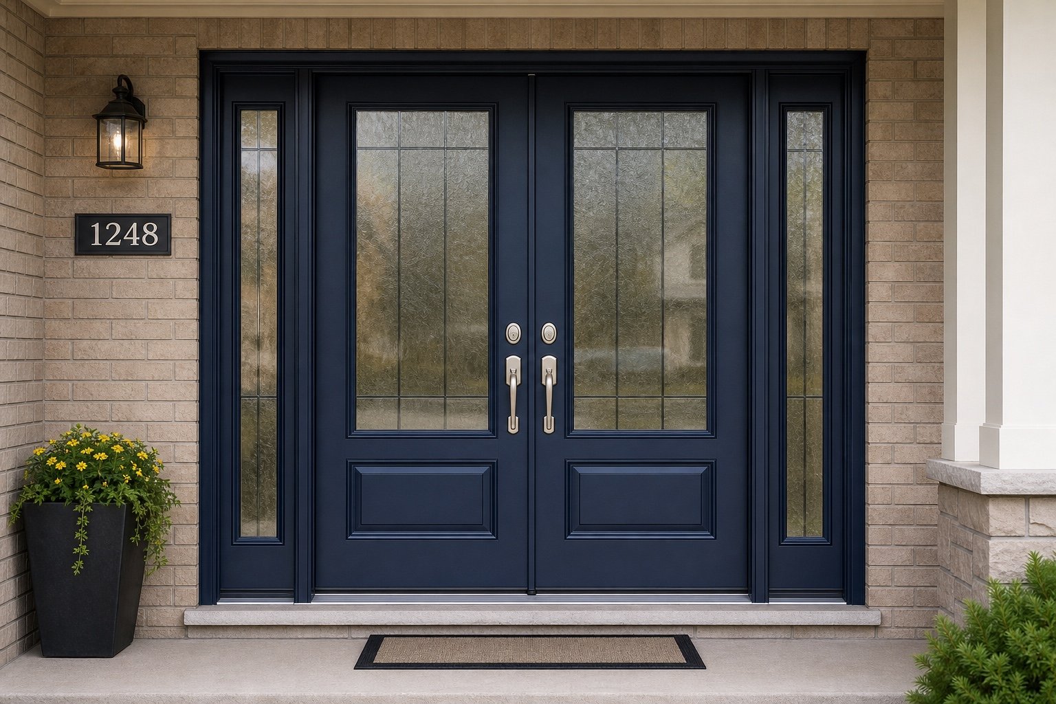Navy double entry doors with two fixed sidelights