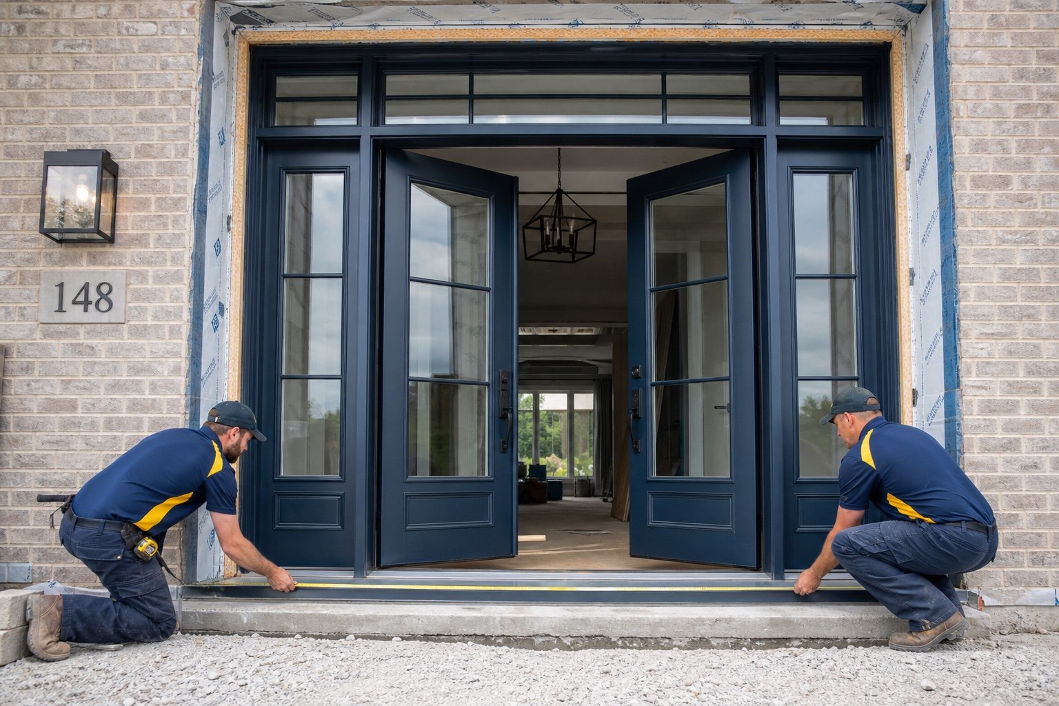 Windows Hamilton technicians checking a wide entrance sill
