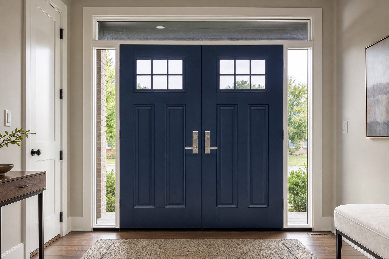 Double doors and sidelights viewed from a Hamilton foyer