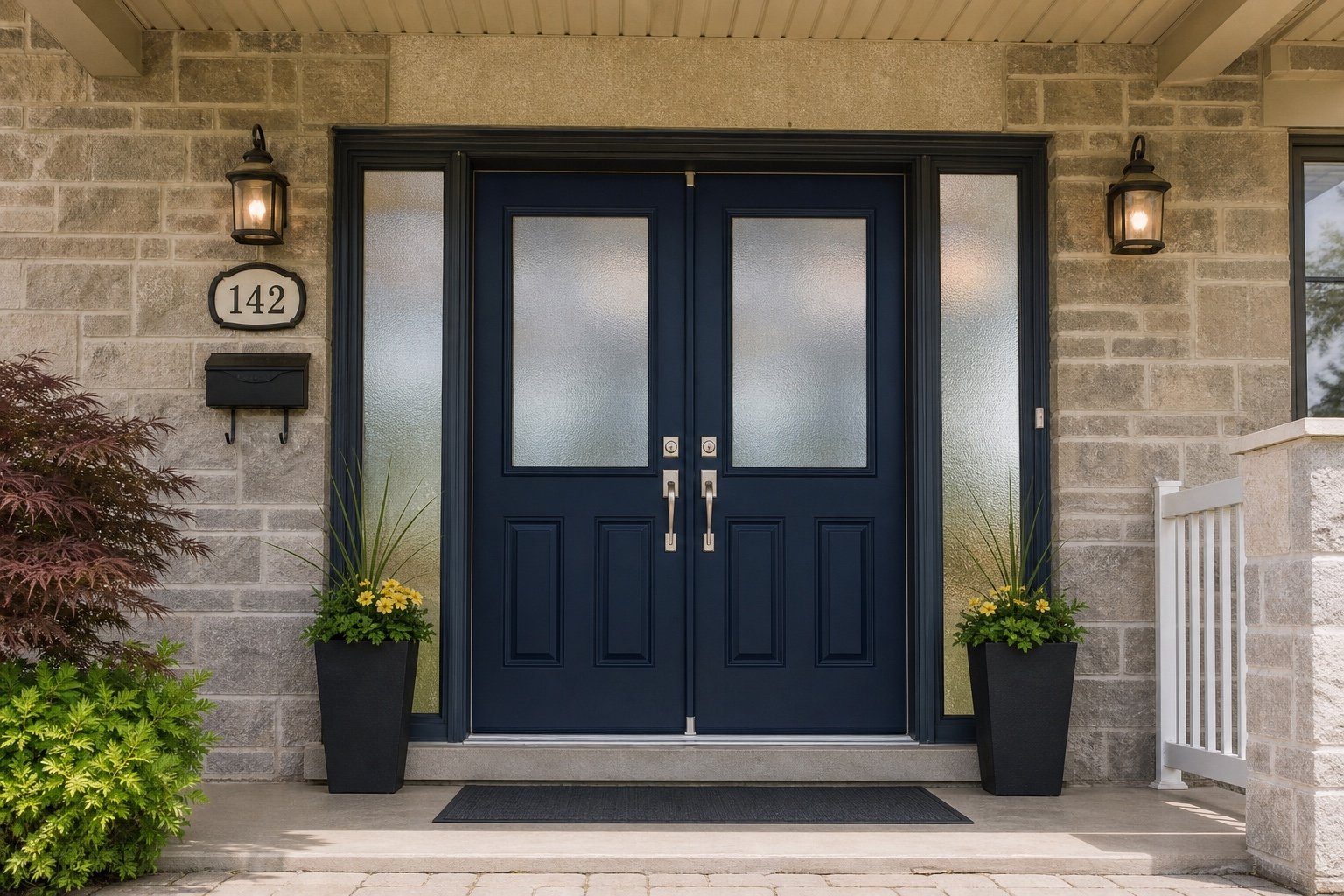 Double entrance with diffused privacy-glass sidelights