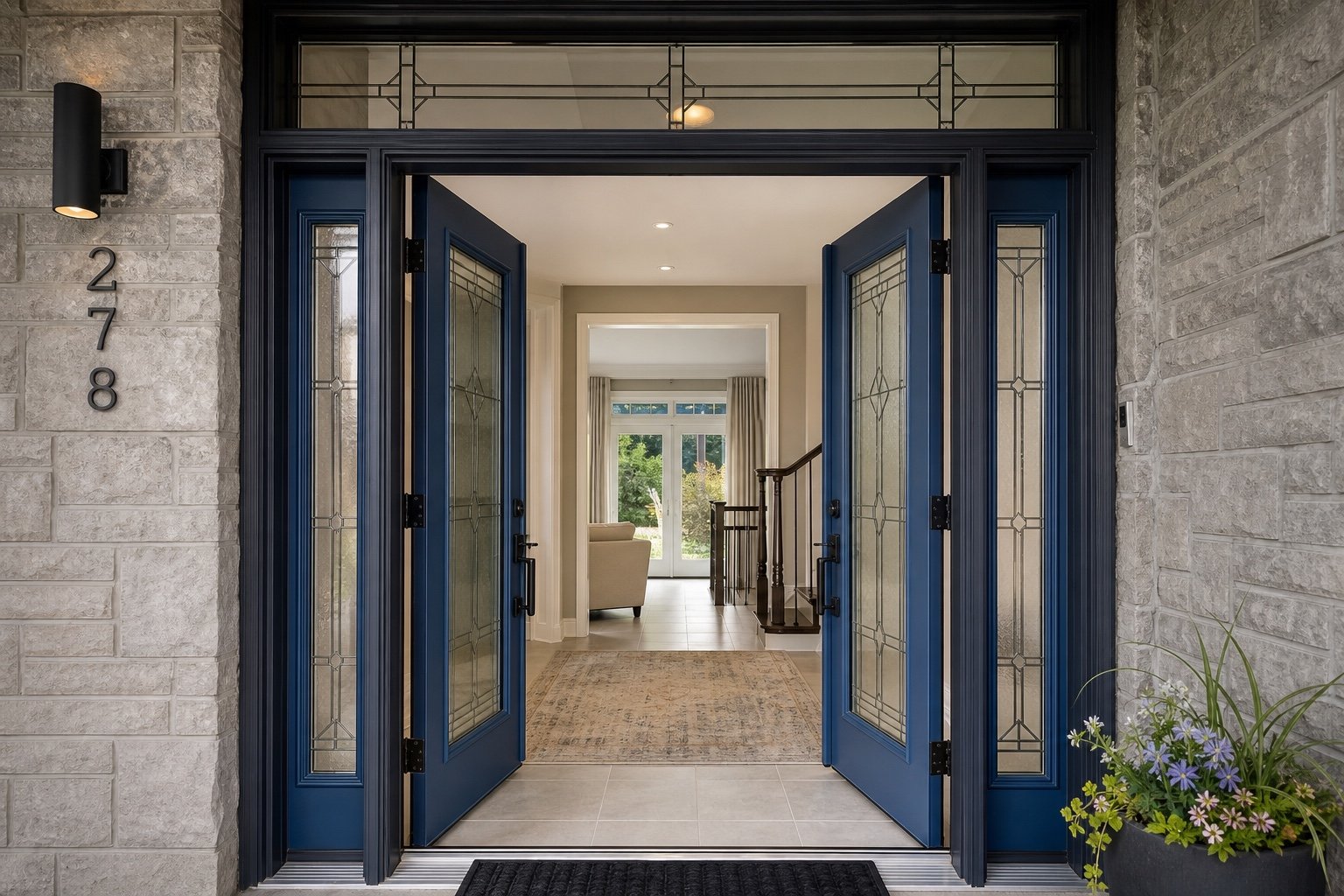 Both double-door leaves open between fixed sidelights