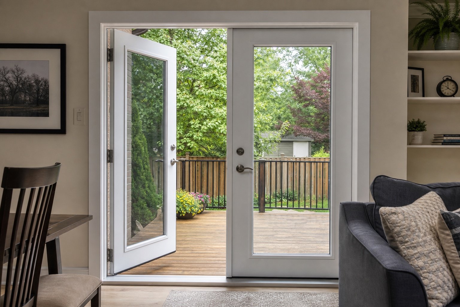 Garden doors with one active hinged leaf open