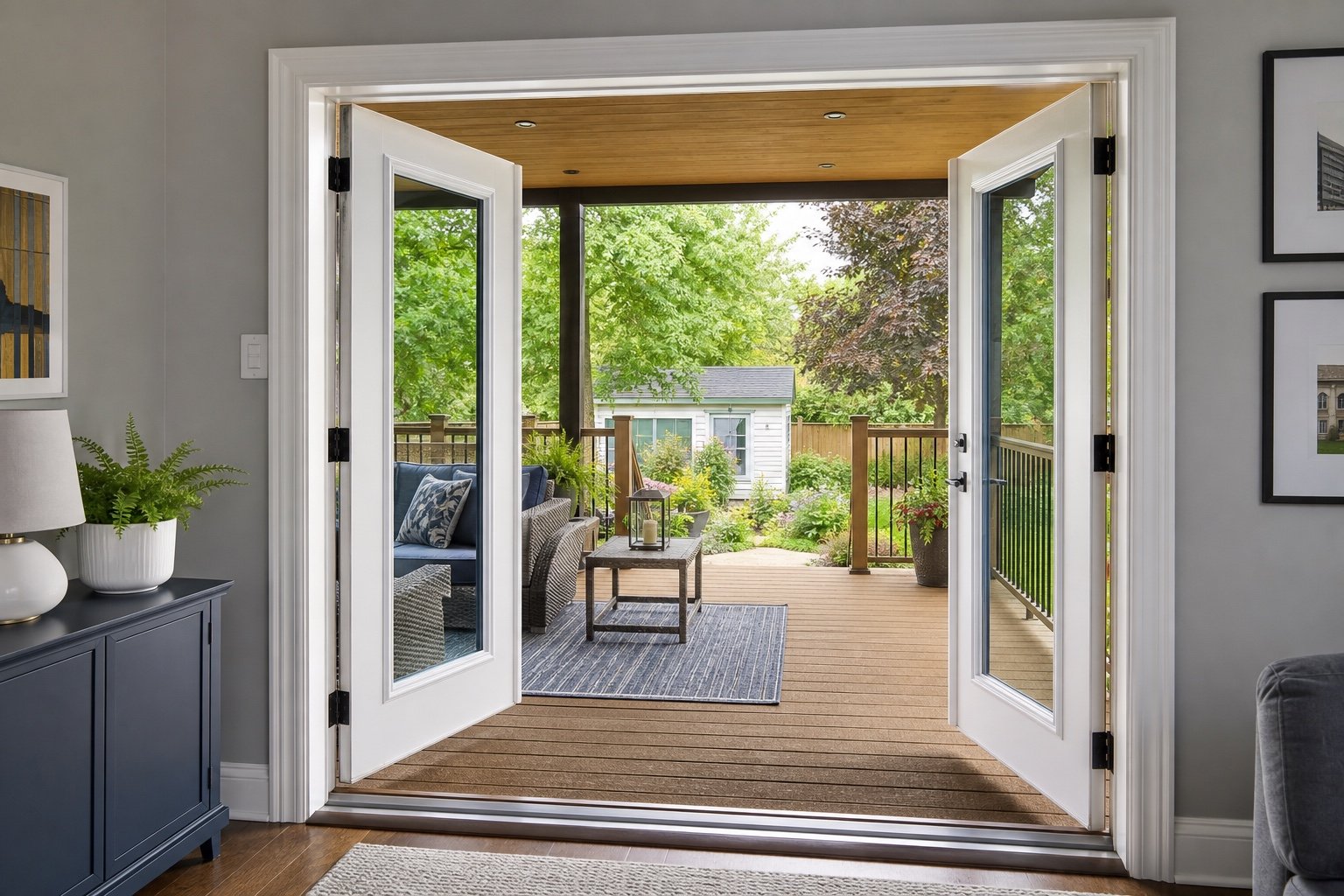 Both hinged garden-door leaves open to a sheltered deck