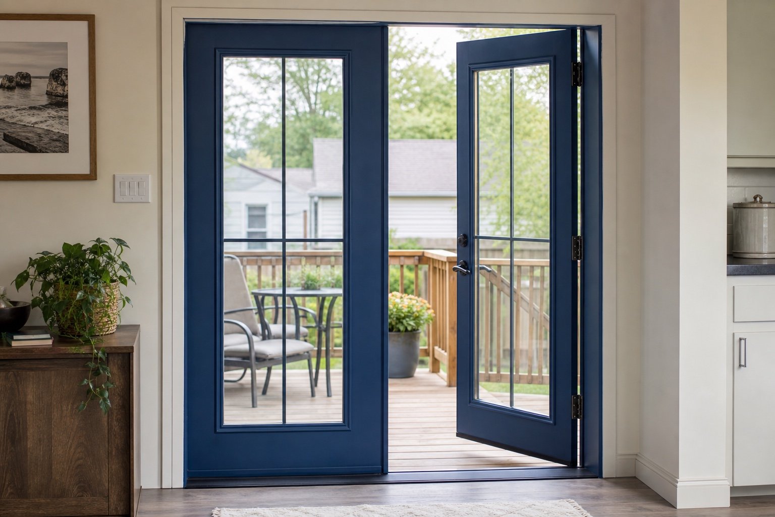 Hinged garden doors with one active leaf open inward
