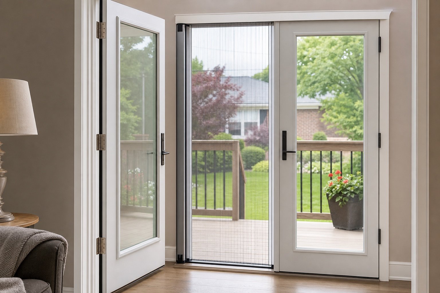 Retractable insect screen fitted to hinged garden doors