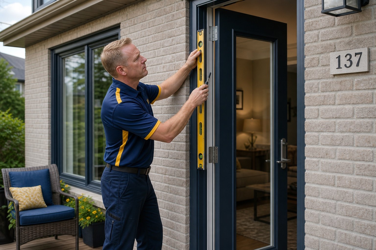 Windows Hamilton technician checking garden-door hinge alignment
