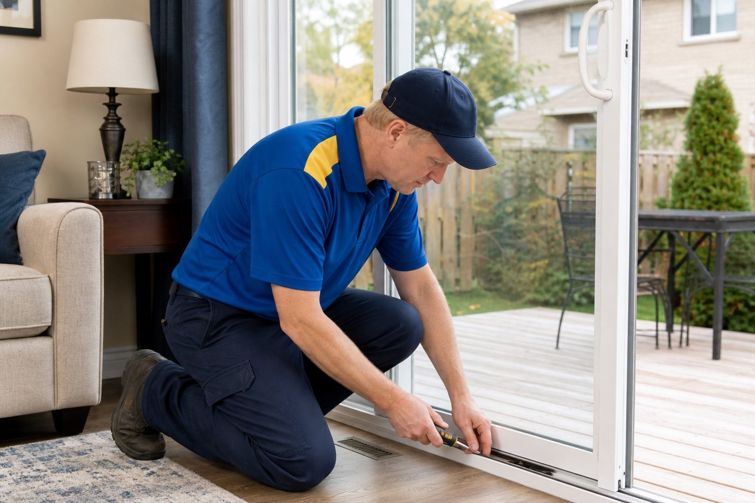 Windows Hamilton technician adjusting a sliding patio-door track