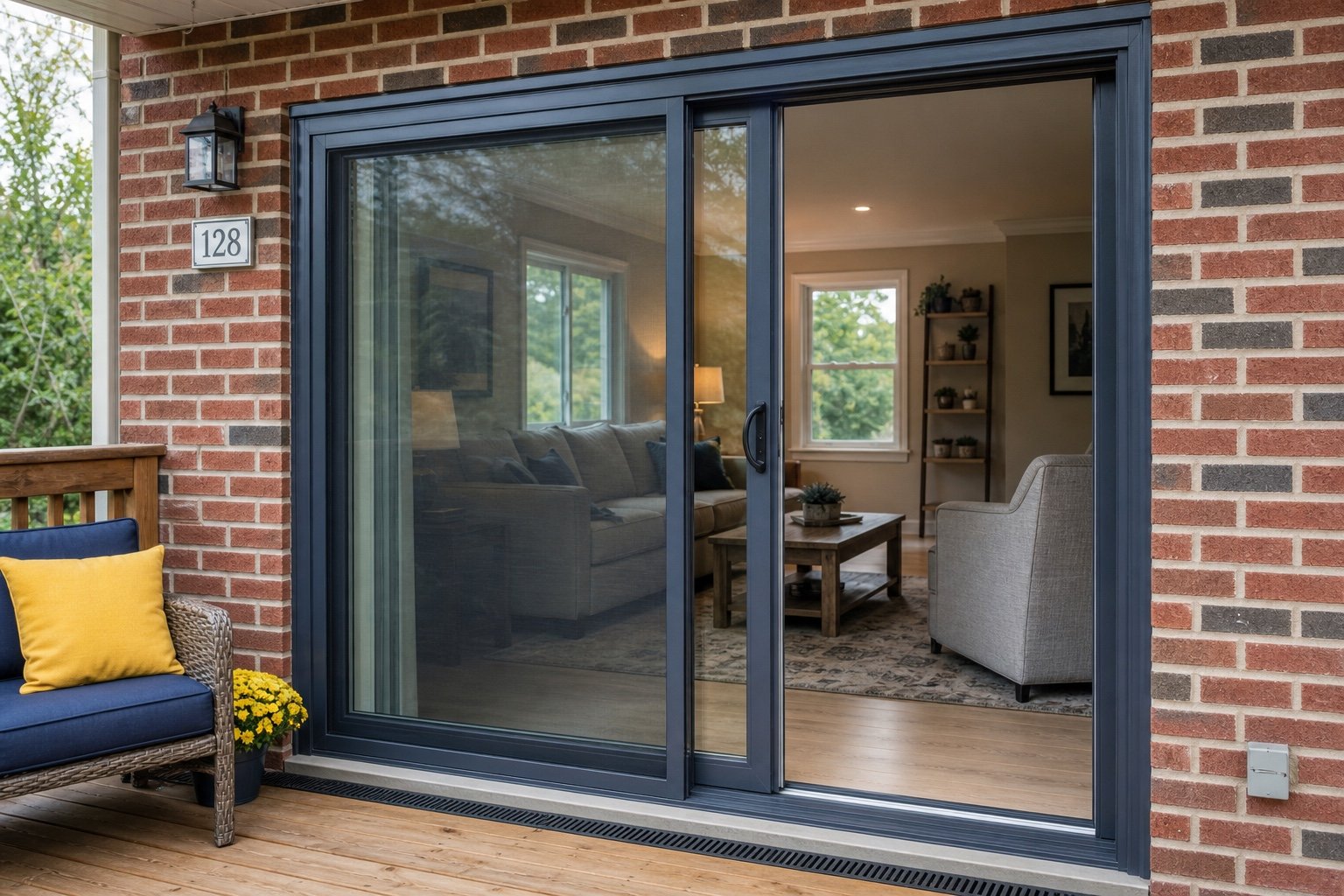 Completed sliding patio door viewed from a covered deck