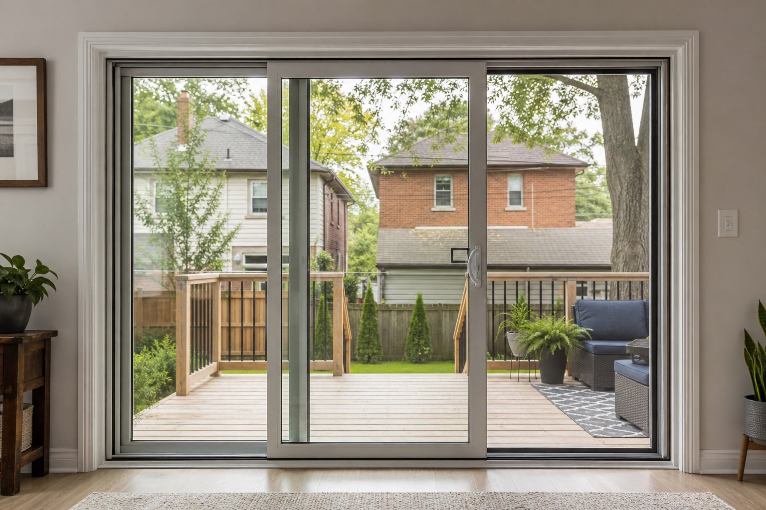 Three-panel sliding patio door opening toward a Hamilton backyard