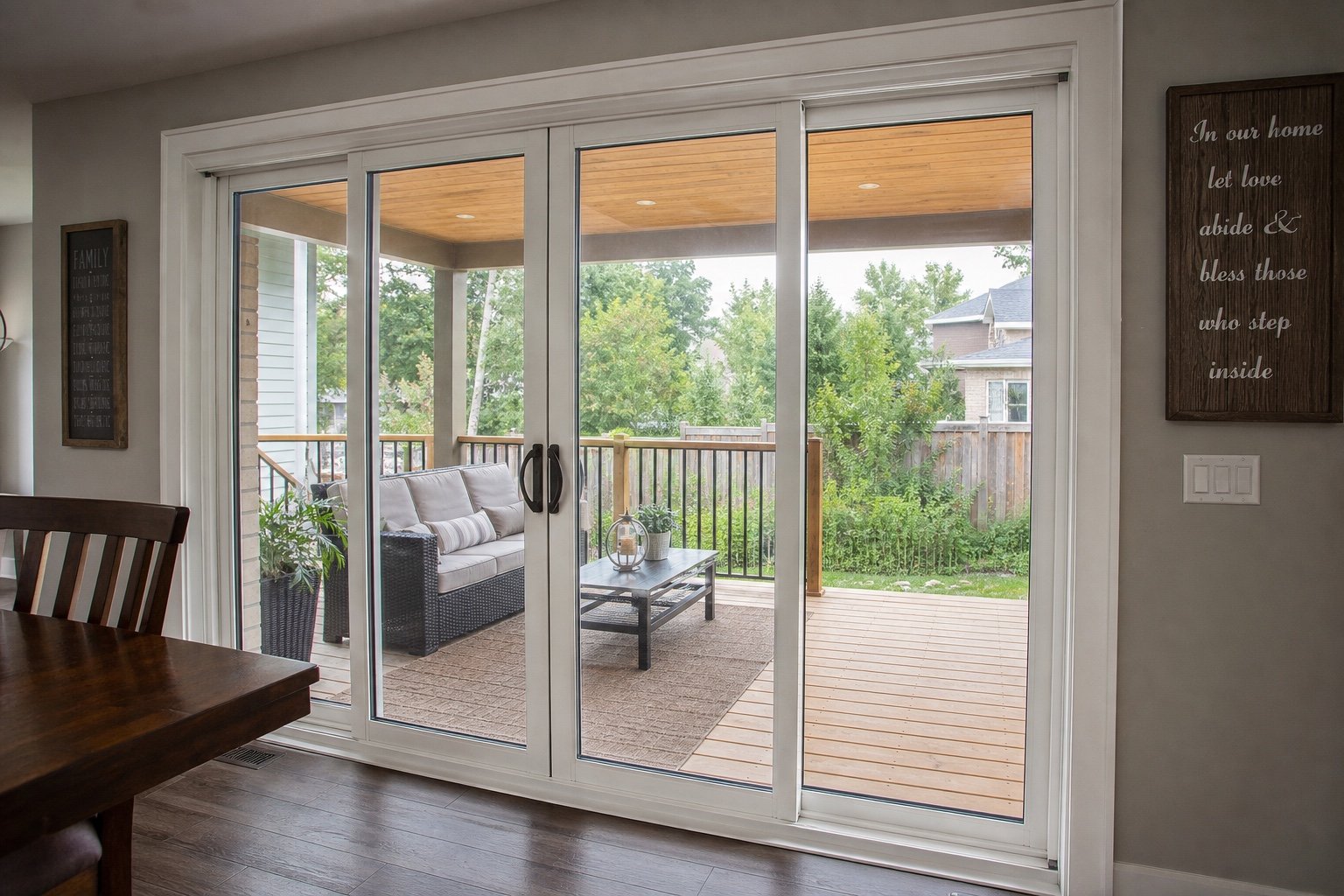 Wide multi-panel patio door connecting a dining room and deck