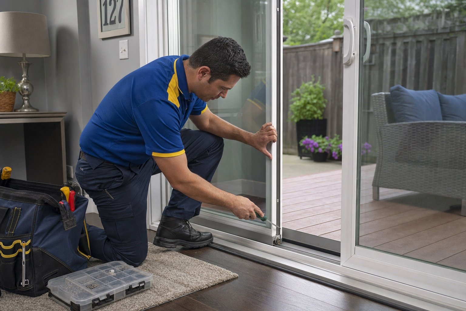Windows Hamilton technician adjusting a sliding patio-door roller