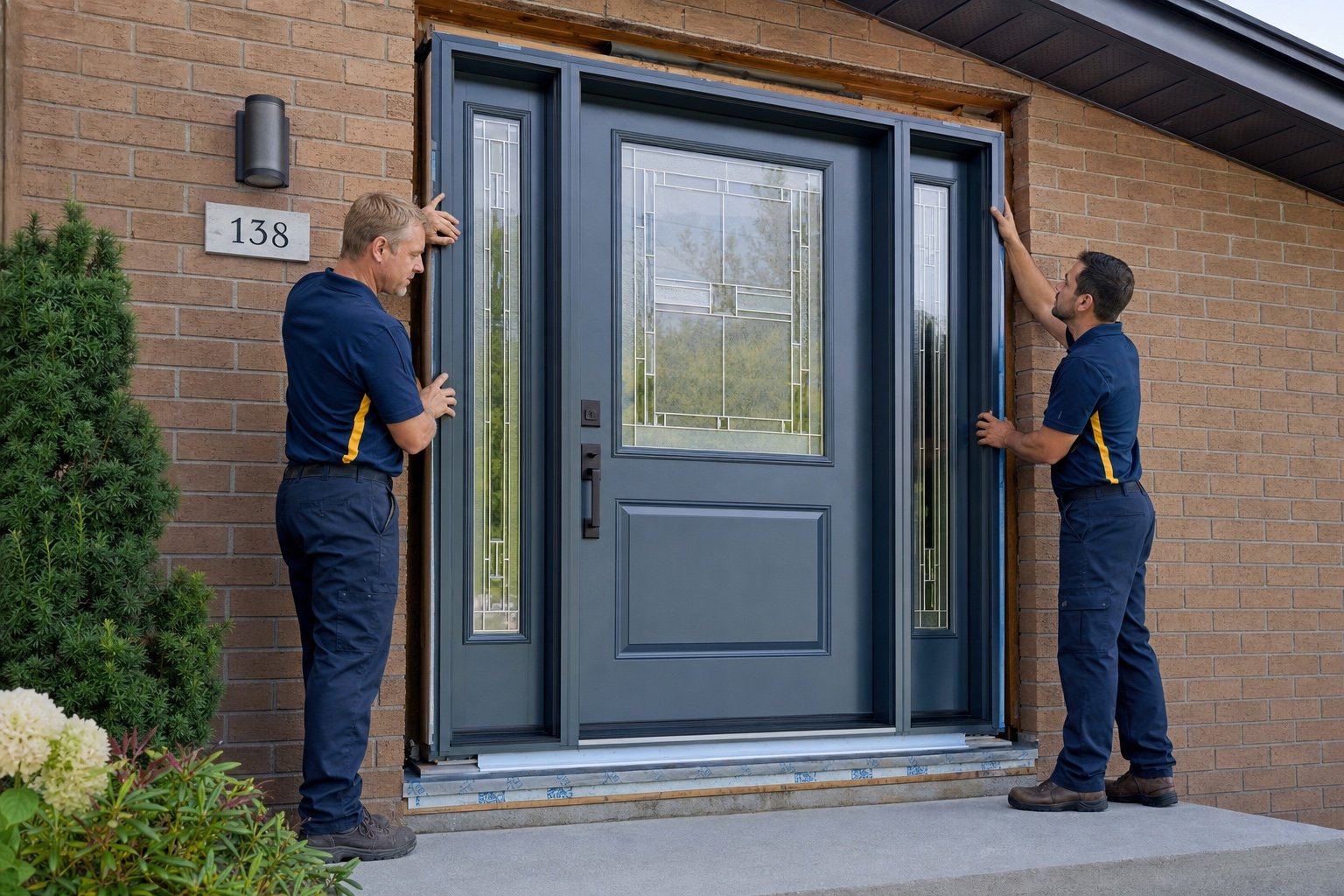 Windows Hamilton technicians installing a door-and-sidelight frame