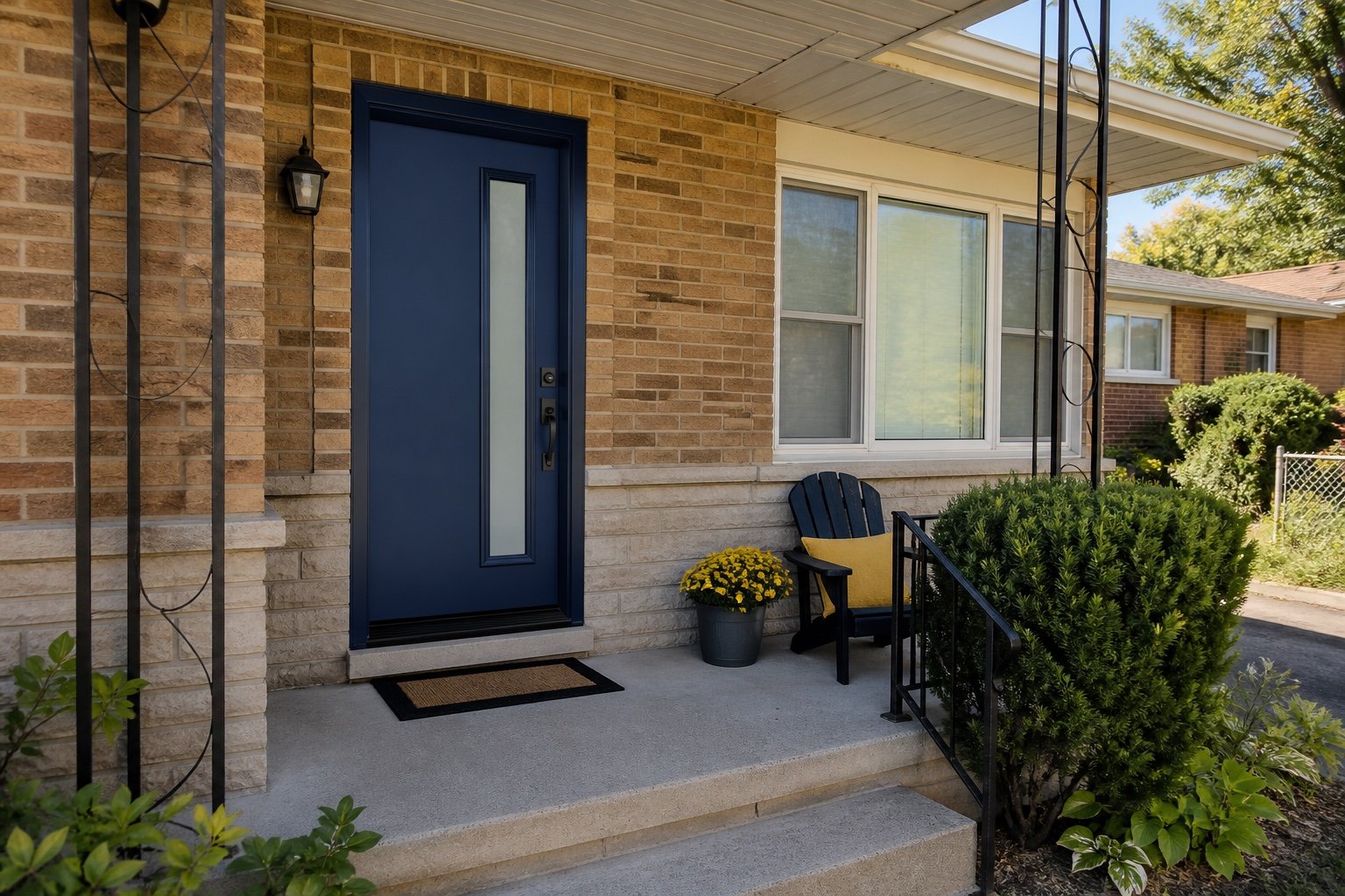 Navy single entry door on a Hamilton brick bungalow