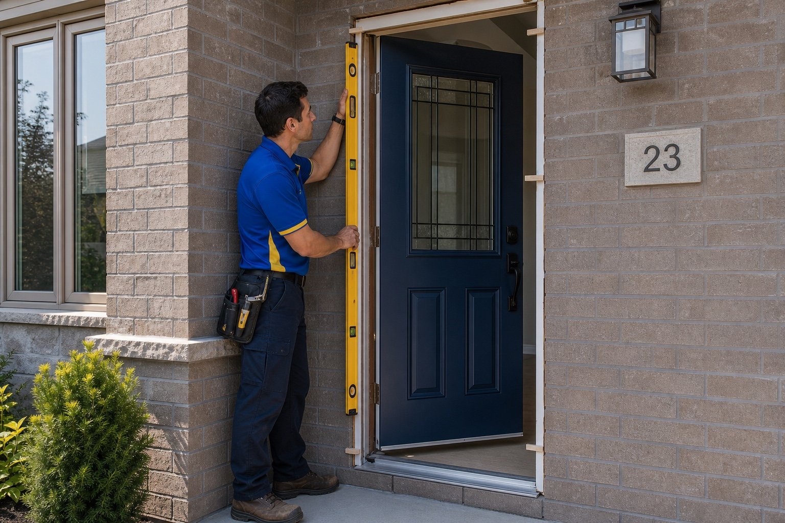 Windows Hamilton technician levelling a prehung single door