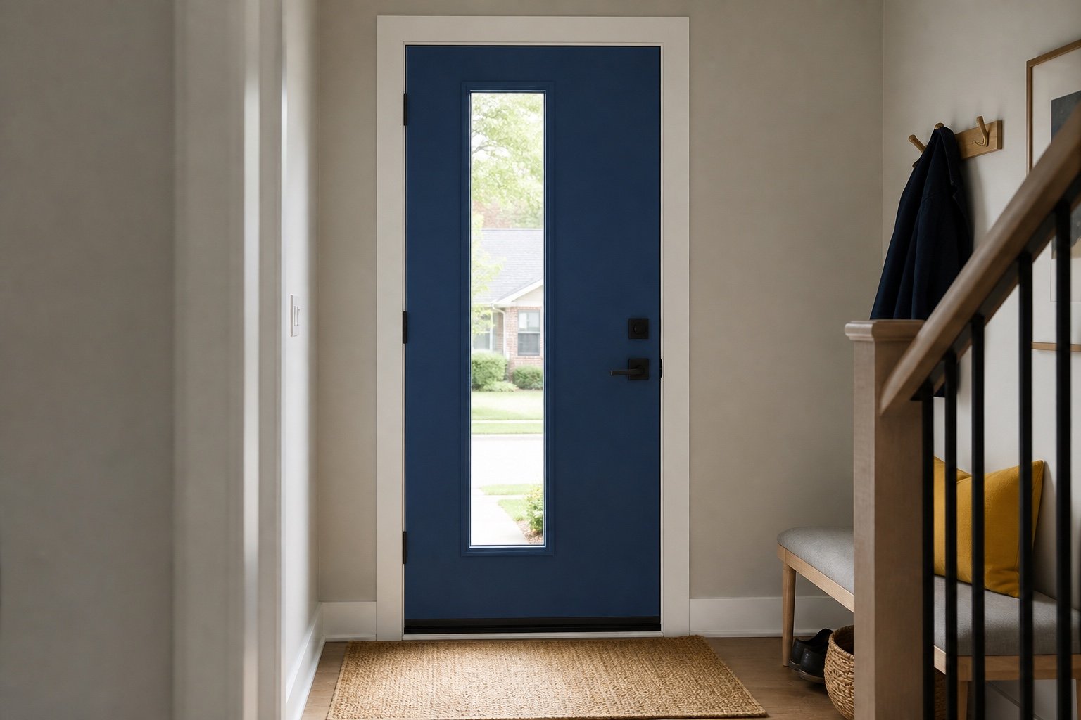 Single entry door viewed from inside a bright foyer