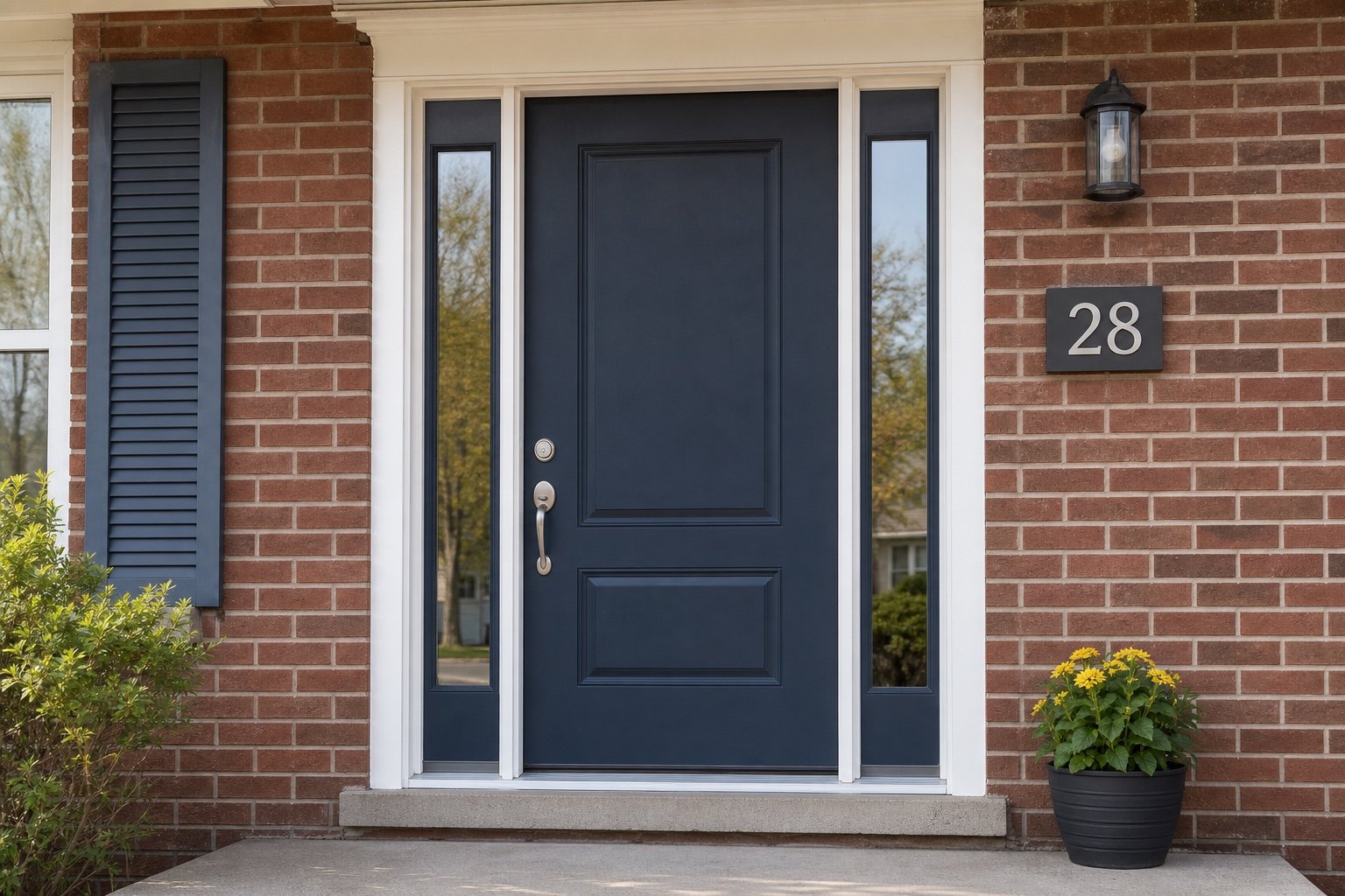 Single blue entry door with two narrow sidelights