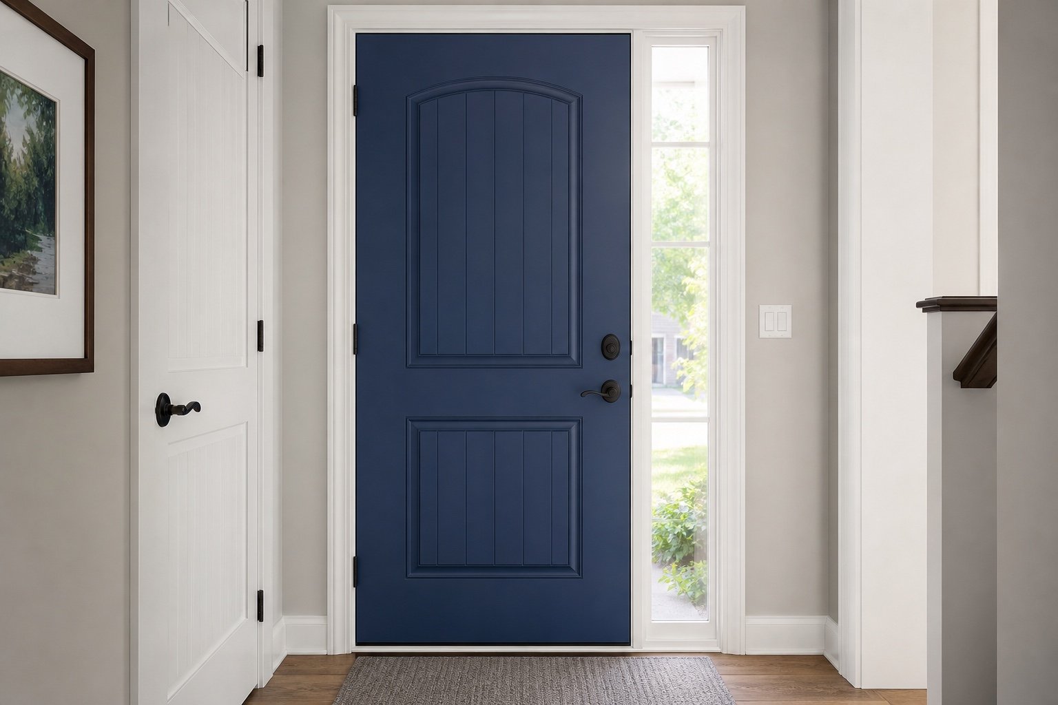 Single entry door and sidelight viewed from the foyer