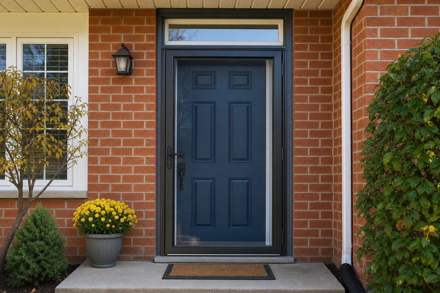 Blue entry door with an upper transom on a Hamilton brick home