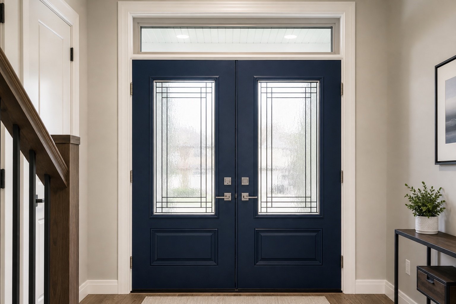 Double entry doors and upper transom viewed from inside