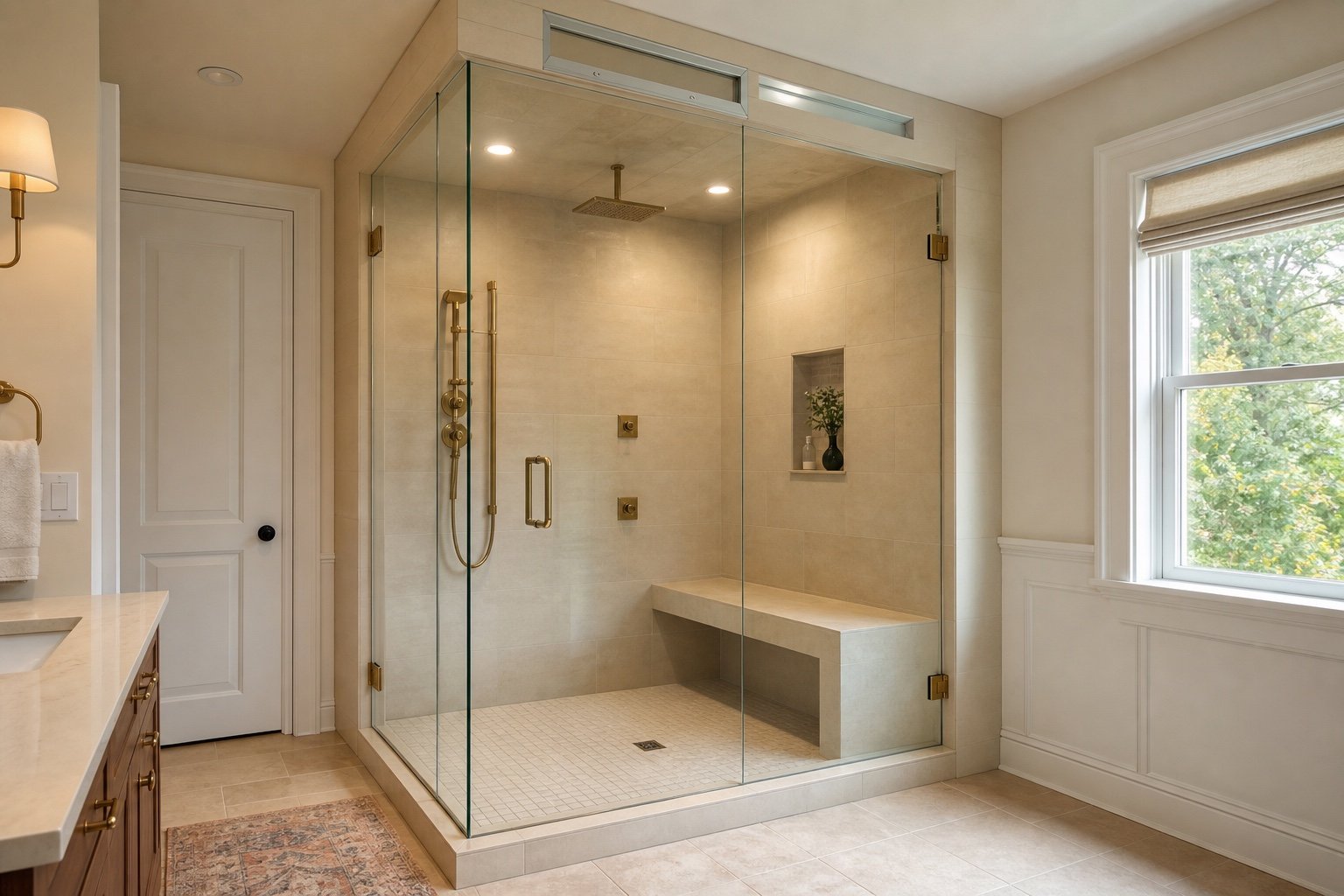 Site conditions considered for corner steam shower enclosure