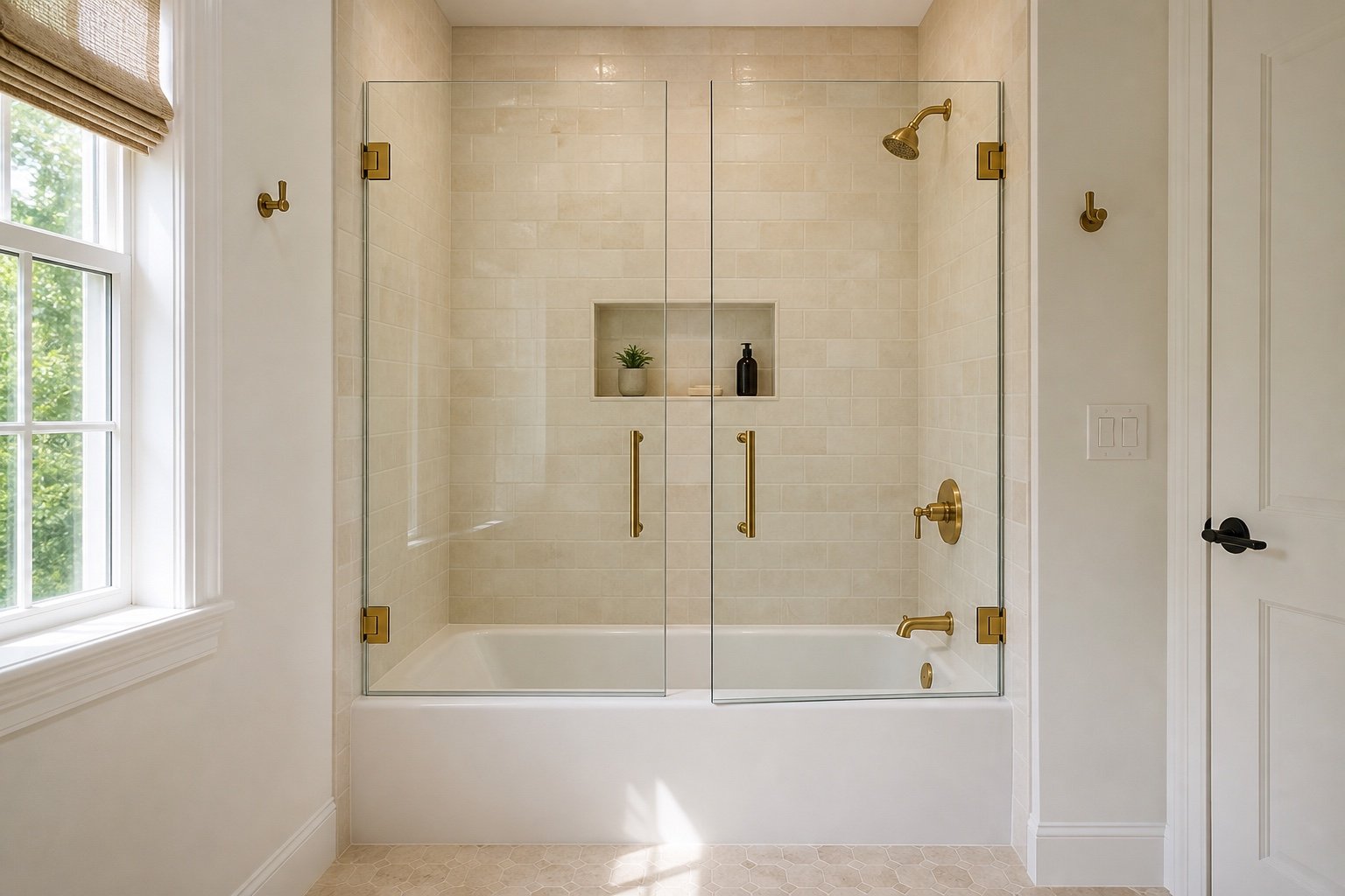 Site conditions considered for hinged glass bath screen