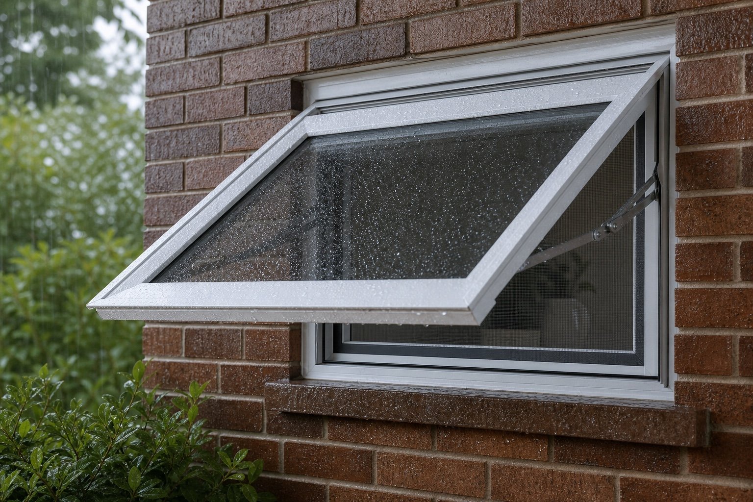 Top-hinged awning sash projecting outward from the bottom