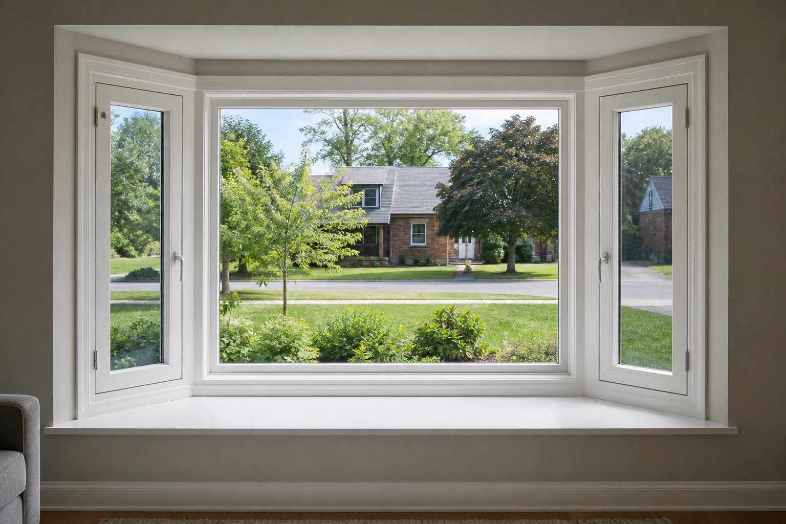 Interior view of a projecting bay window with a fixed centre and casement side windows