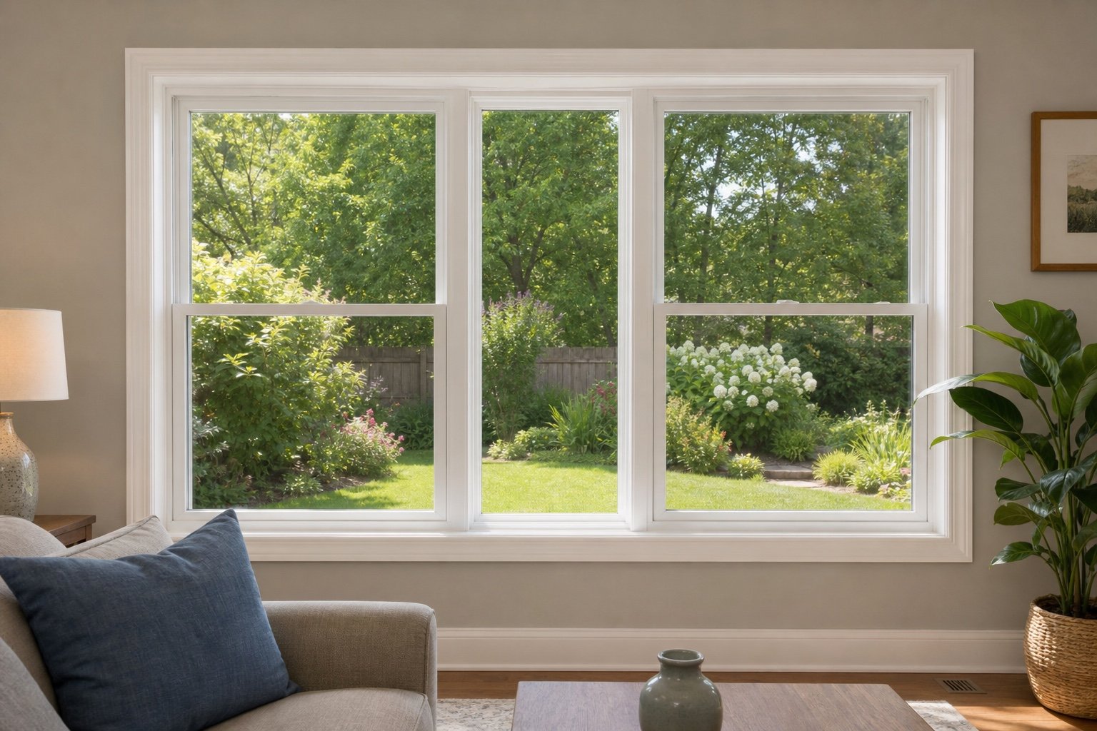 Wide double-slider window viewed from a family room