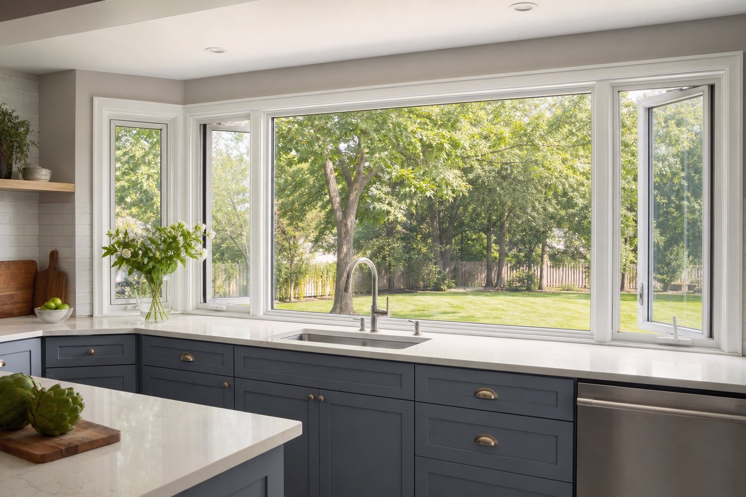Coordinated fixed and casement windows overlooking a garden