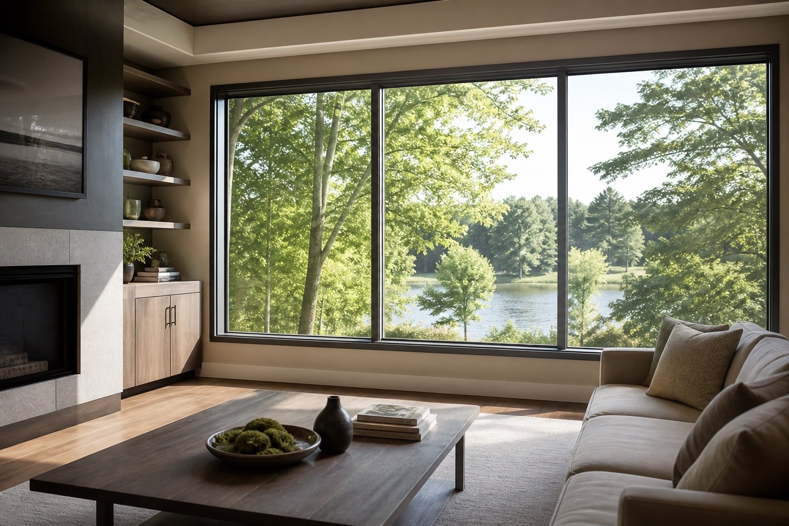 Large fixed residential windows managing bright daylight