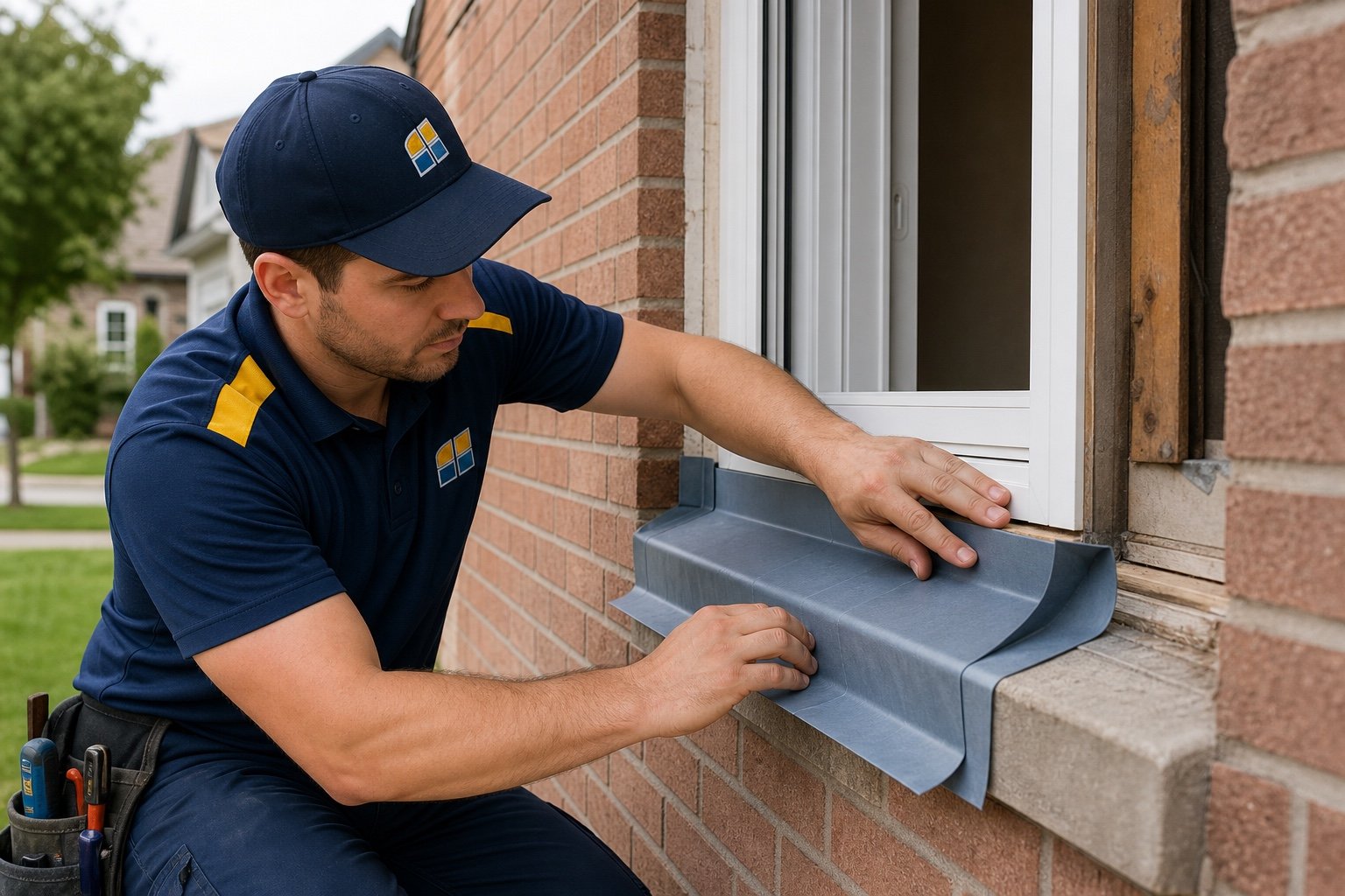 Technician preparing a sill with flashing membrane