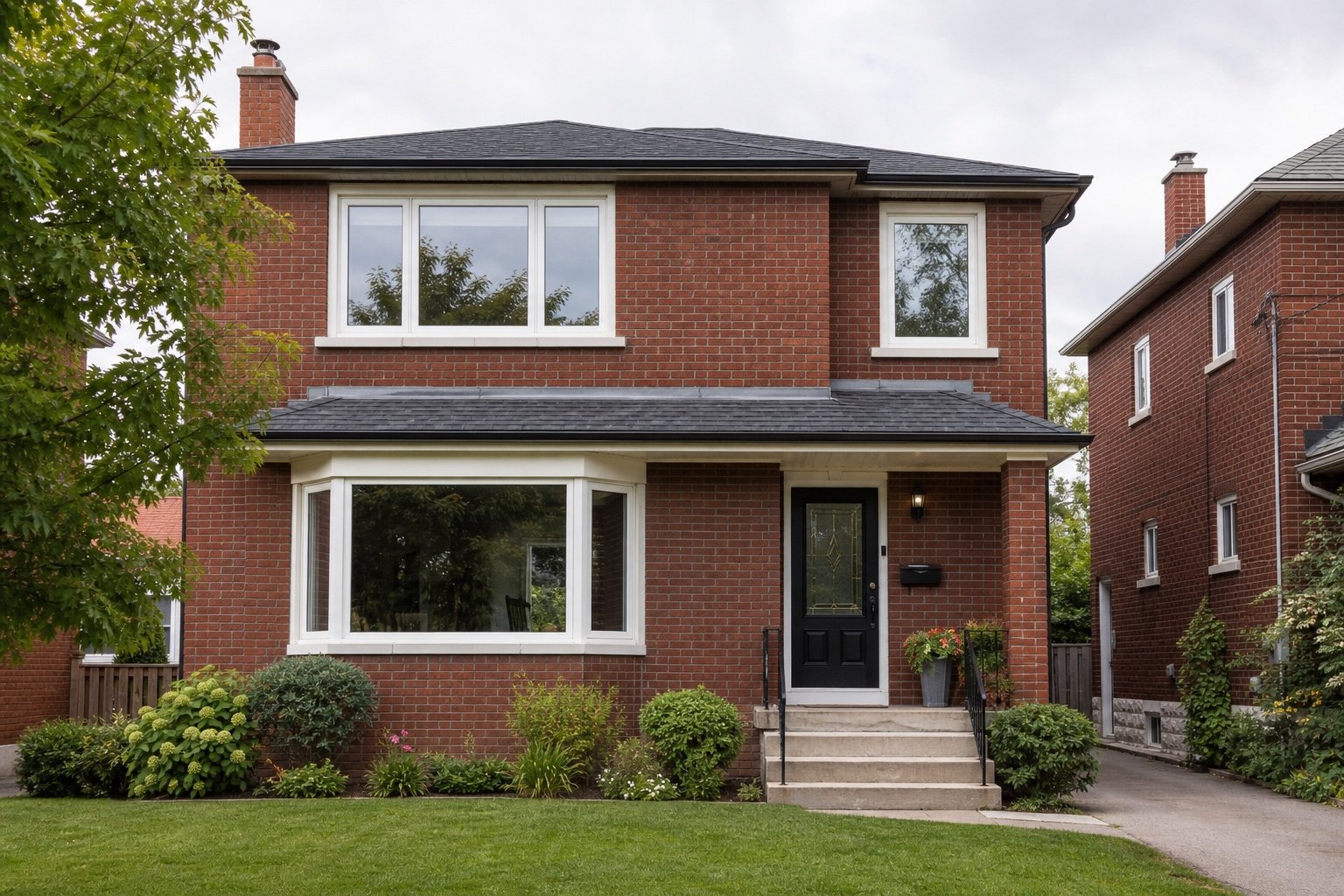 Completed replacement windows on a Hamilton-area brick home